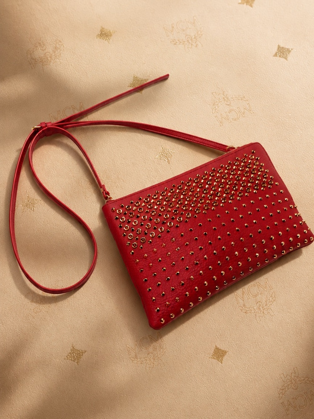 MCM Studded Crossbody / Wristlet– Red Pebbled Leather Gold Studs